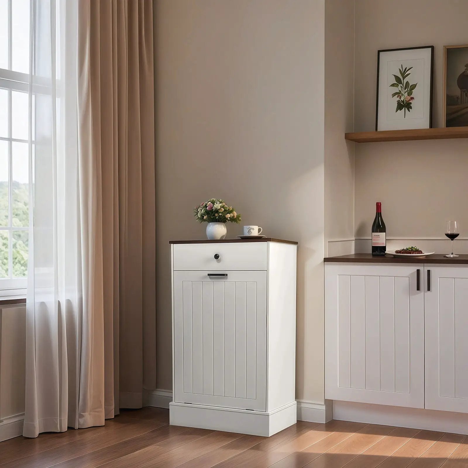 Tilt Out Trash Cabinet With Drawer, 10 Gallon Hamper - White