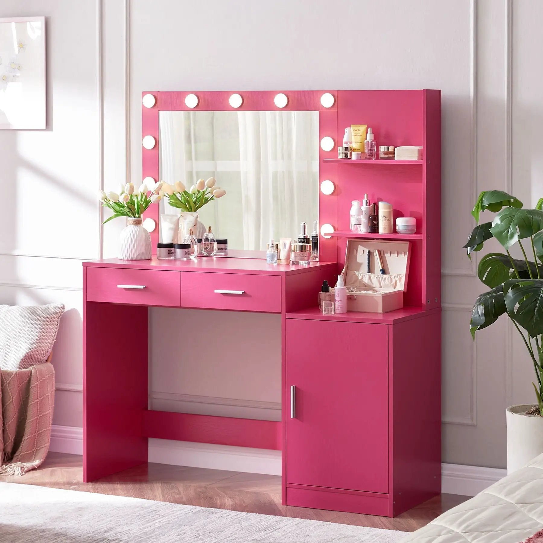 Vanity Desk With Mirror And Lights, 46.4In Dressing Table With 2 Large Drawer & Large Vertical Organizer, 3 Level Dresser & 3 Lighting Modes Adjustable Brightness, Suitable For Bedroom by Unique Piece Furniture