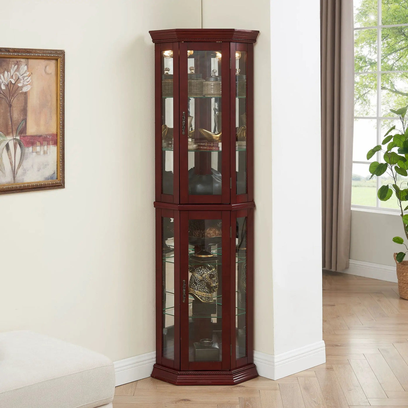 Corner Curio Cabinet With Lights, Adjustable Tempered Glass Shelves, Mirrored Back, Display Cabinet (E26 Light Bulb Not Included) by HouseOfZazla
