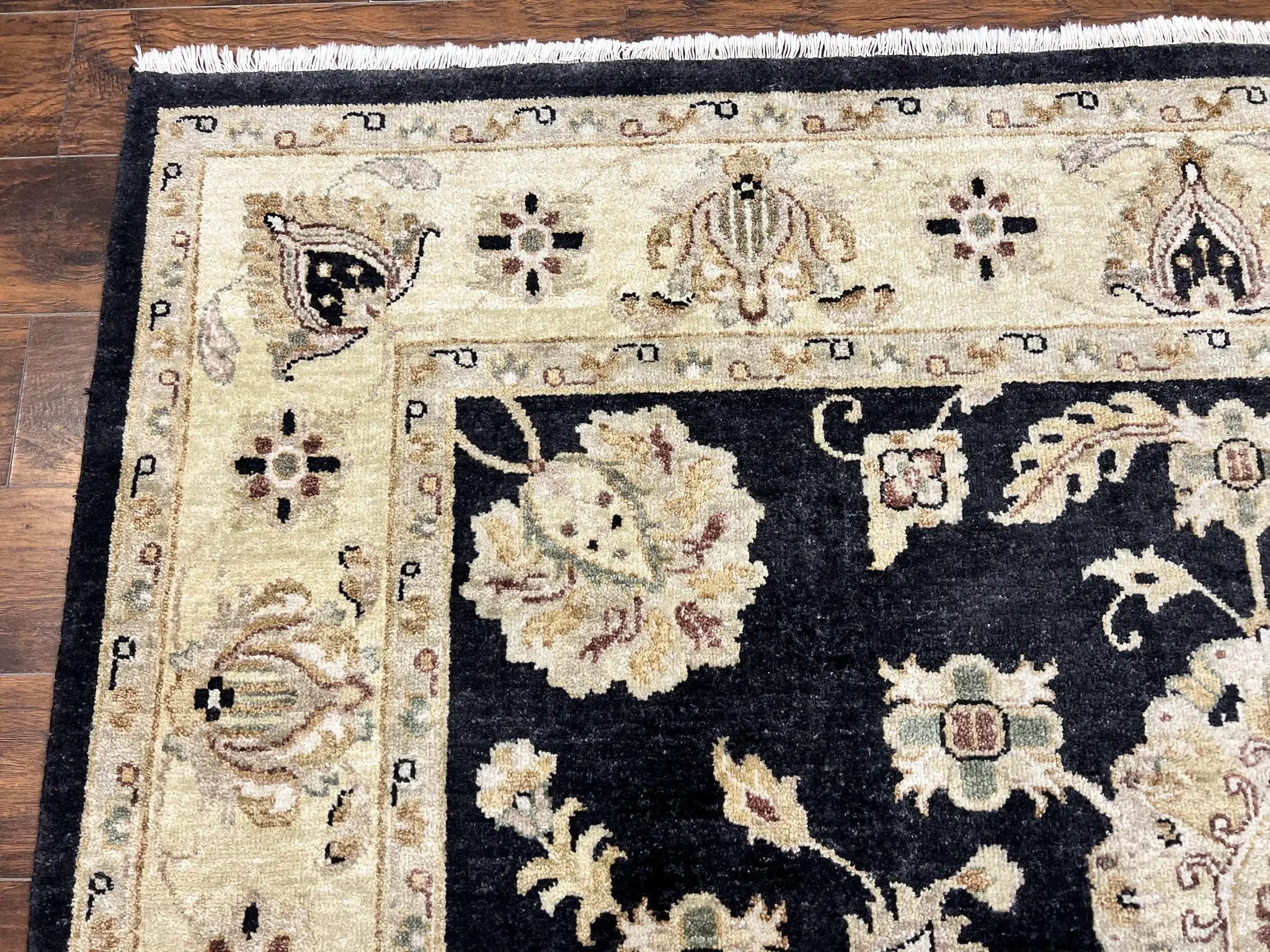 Indo Mahal Rug 8x10, Black and Beige, Vintage Rug 8 x 10 ft, Floral, Handmade Wool Carpet by Jewel Rugs