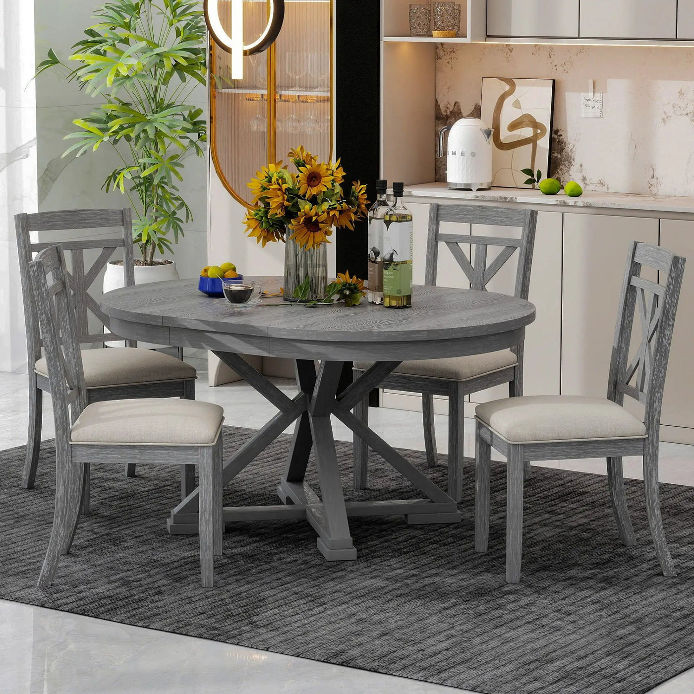 Dining Set With Extendable Round Table And 4 Upholstered Chairs by Unique Piece Furniture