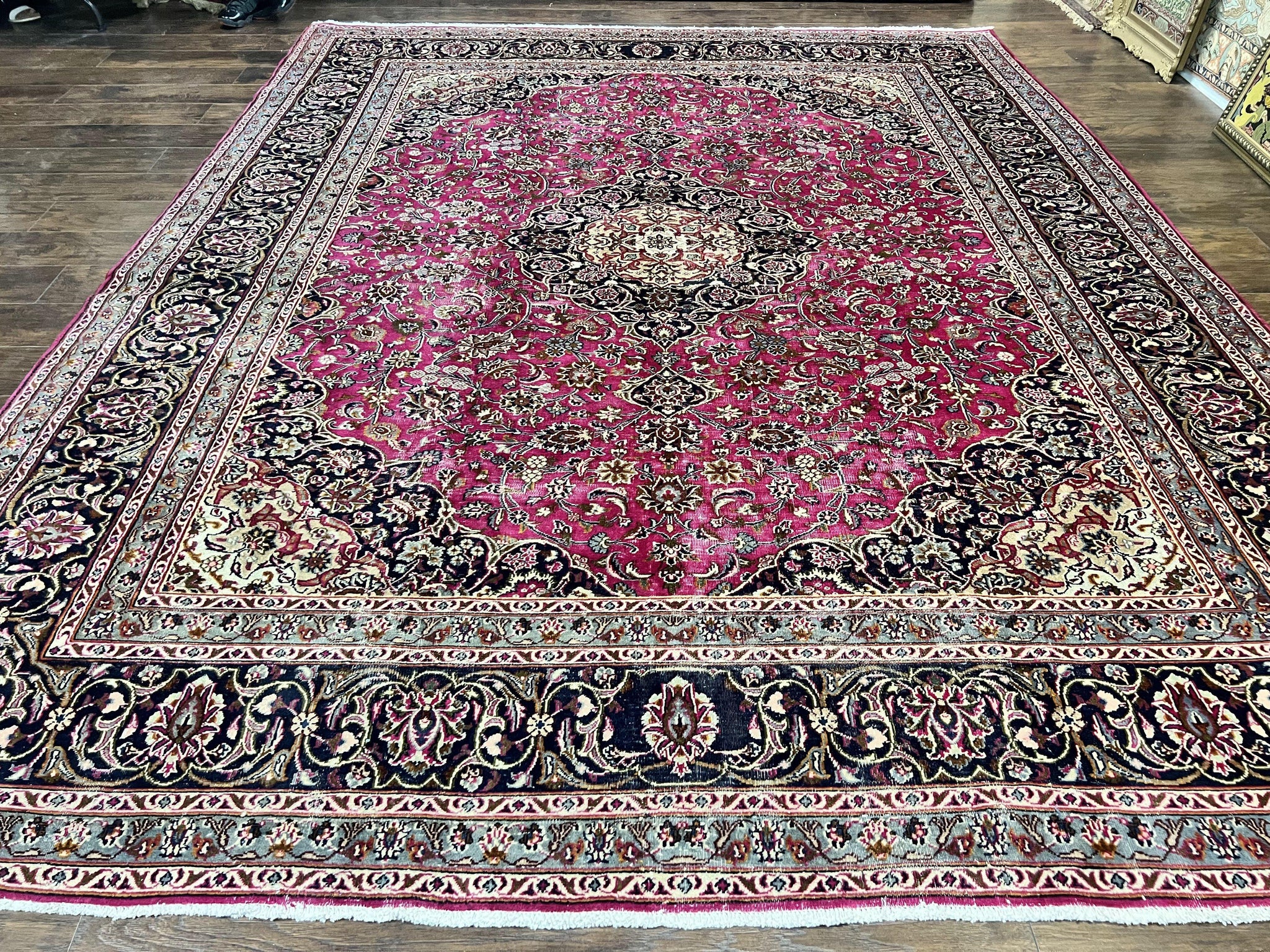 Persian Rug 10x13, Wool Hand Knotted Antique Kashmar Carpet, Raspberry Red & Navy Blue, Floral Medallion, Traditional Oriental Rug 10 x 13 by Jewel Rugs