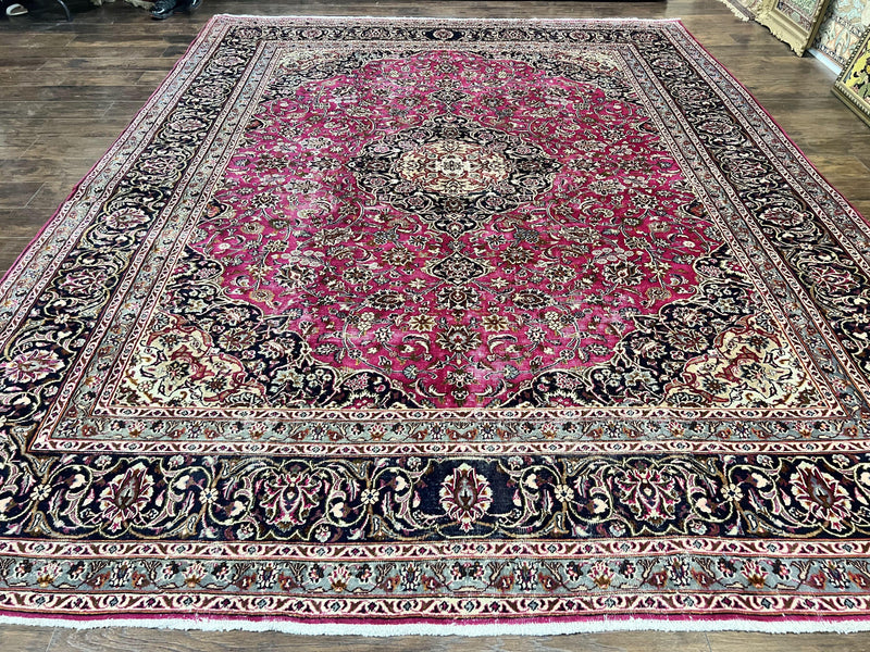 Persian Rug 10x13, Wool Hand Knotted Antique Kashmar Carpet, Raspberry Red & Navy Blue, Floral Medallion, Traditional Oriental Rug 10 x 13 by Jewel Rugs