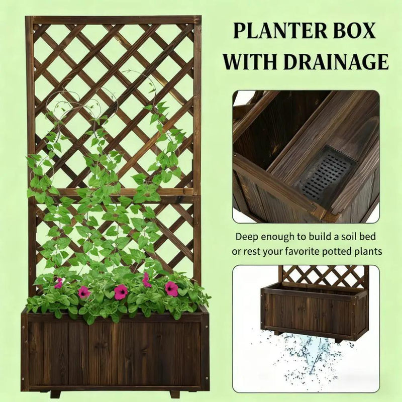 Garden Bed, Wooden Raised Garden Bed Planting Planter Box with Trellis and Drain Holes by HouseOfZazla