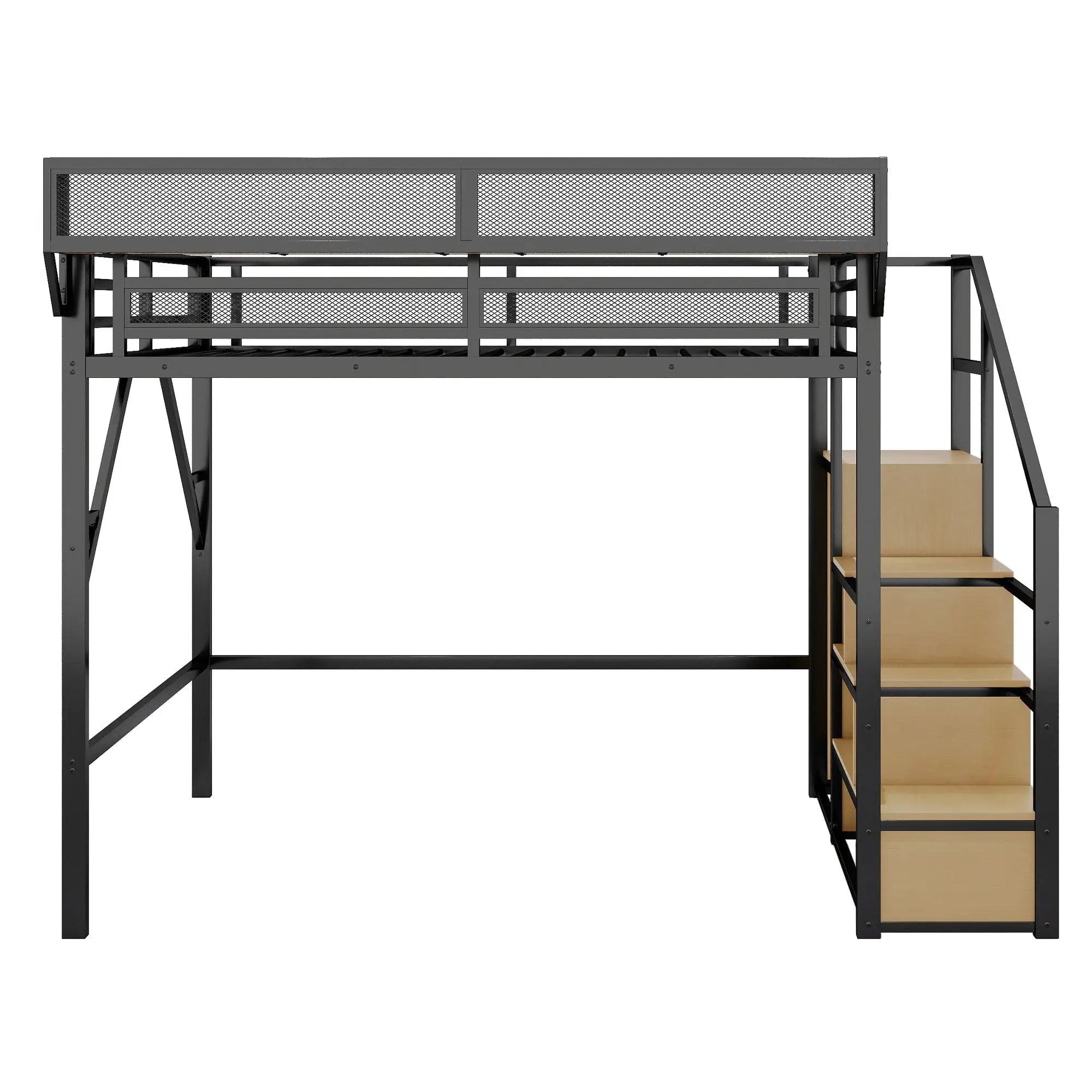 Queen Size Loft Bed & Stairs, Storage Shelves, Wardrobe - Black / Wood by Unique Piece Furniture