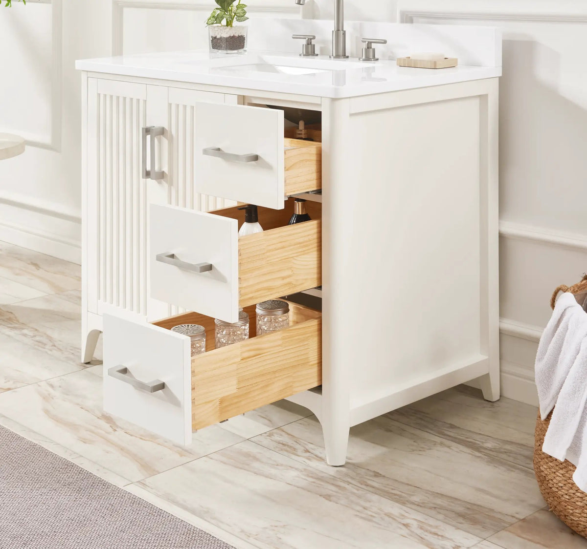 36 Inch Solid Wood Pre-Assembly Bathroom Vanity with US Power - White by HouseOfZazla