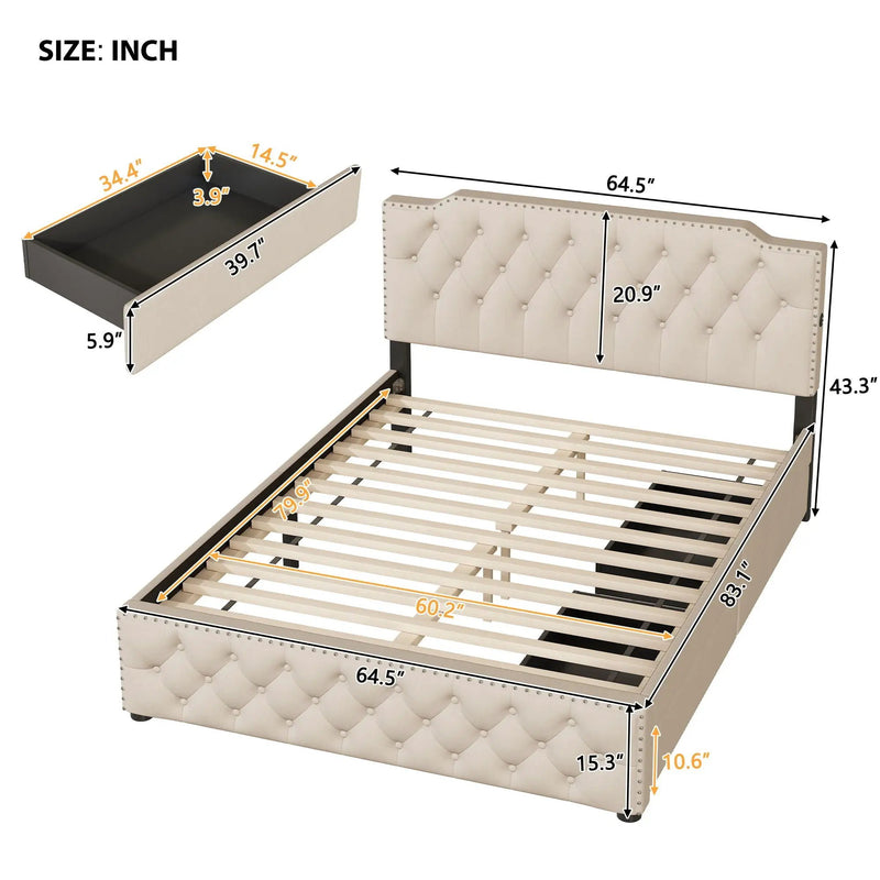 Upholstered Platform Bed With 2 Drawers And 2 Sets Of USB Ports On Each Side, Fabric by HouseOfZazla