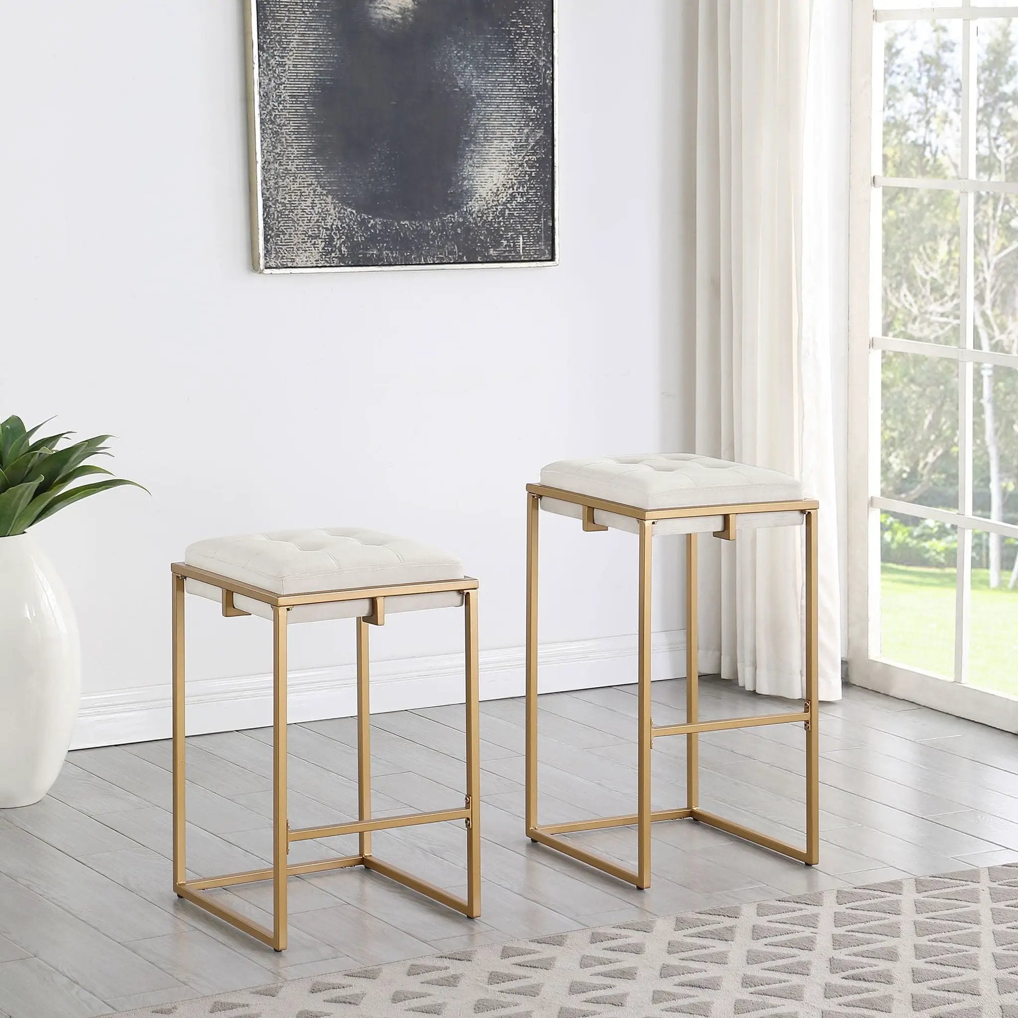 Square Counter Height Stools (Set of 2) - Beige / Gold by HouseOfZazla