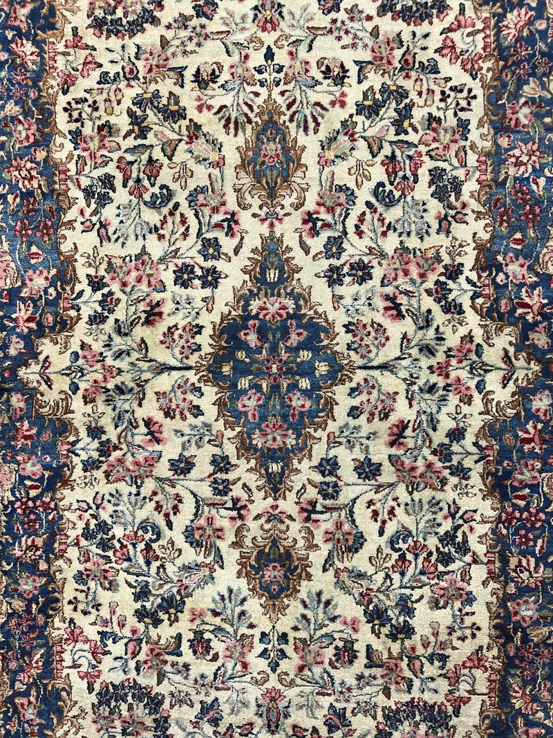 Antique Persian Kirman Rug 4x7, Cream and Navy Blue, Hand Knotted Wool Floral Carpet by Jewel Rugs