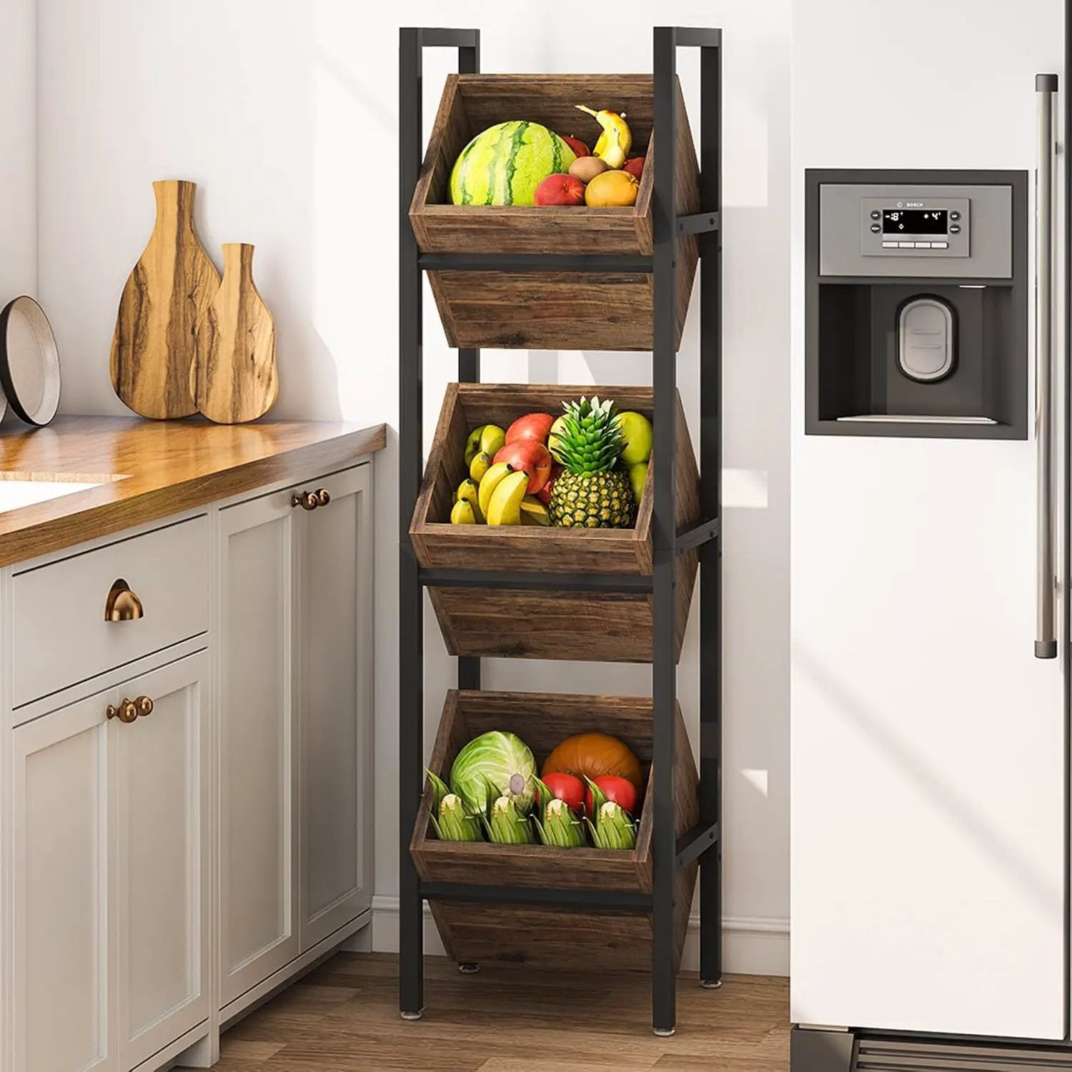 3 Tier Basket Stand With Angled Baskets, Vertical Storage Tower For Kitchen - Black by HouseOfZazla