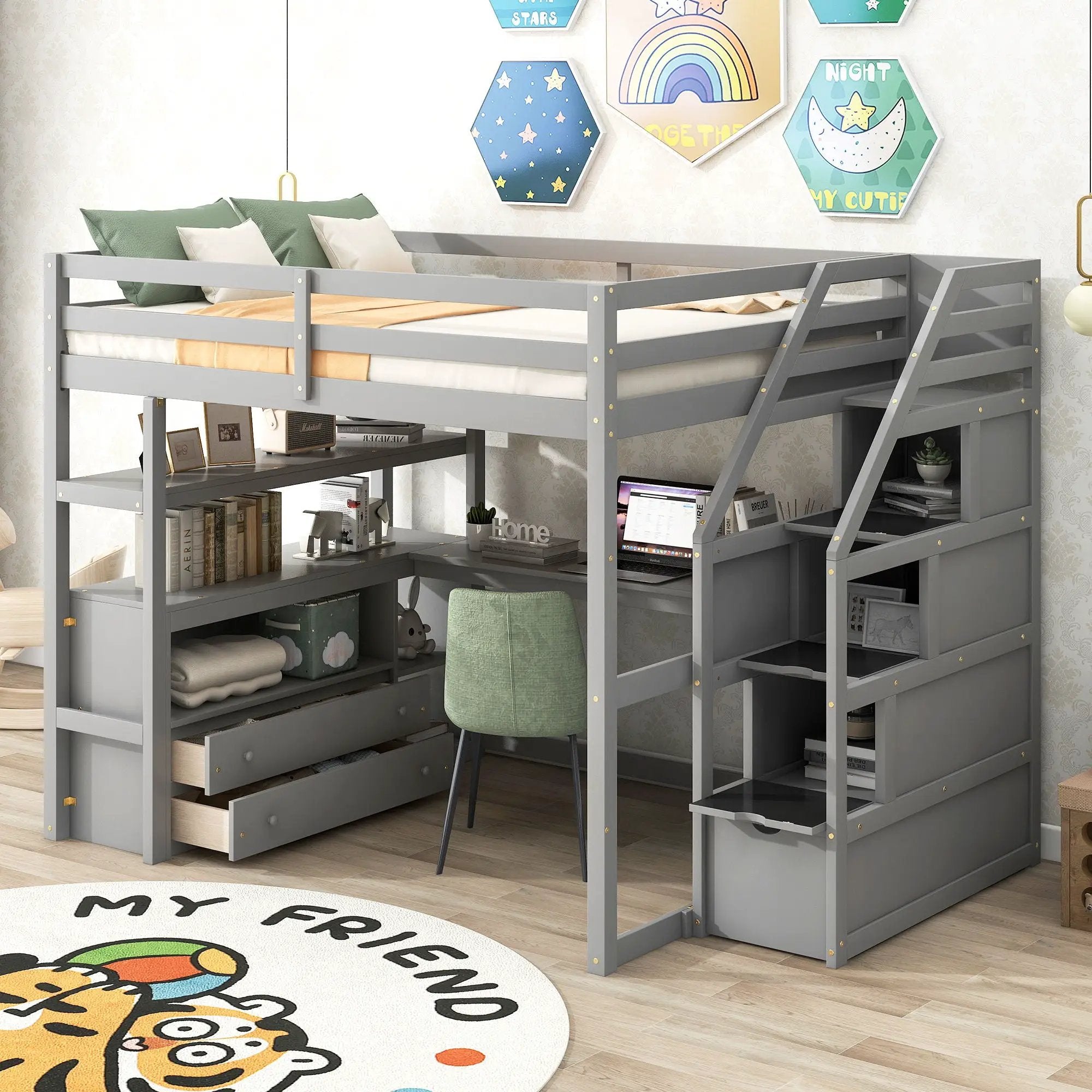 Loft Bed With Desk, Shelves, 2 Drawers, Storage Staircase by HouseOfZazla