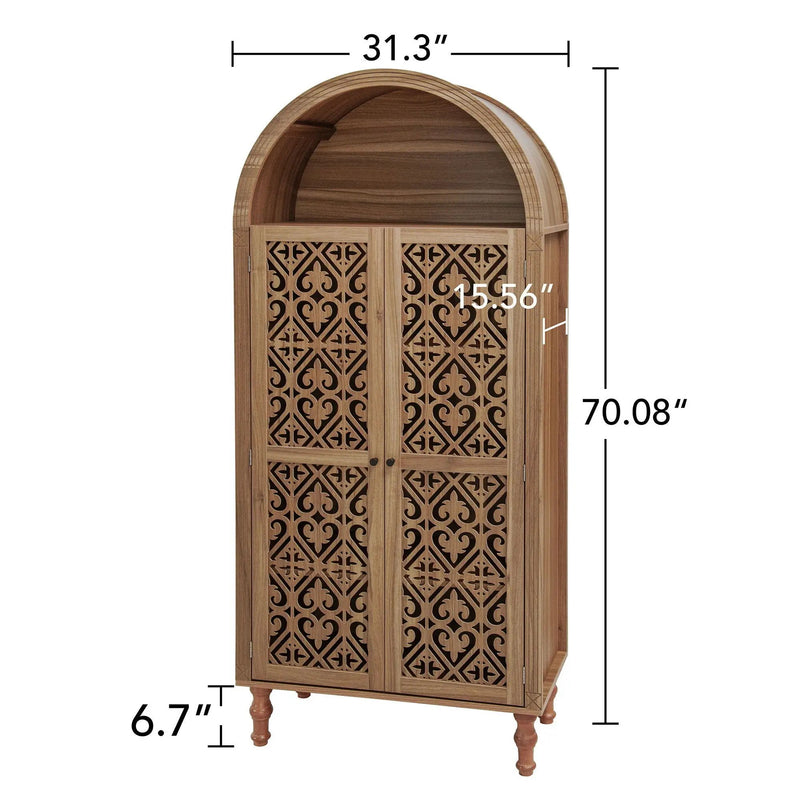 Tall Kitchen Pantry Cabinet With Hollow Carved Doors Adjustable Shelves Versatile Storage Cabinet For Kitchen - Walnut by Unique Piece Furniture