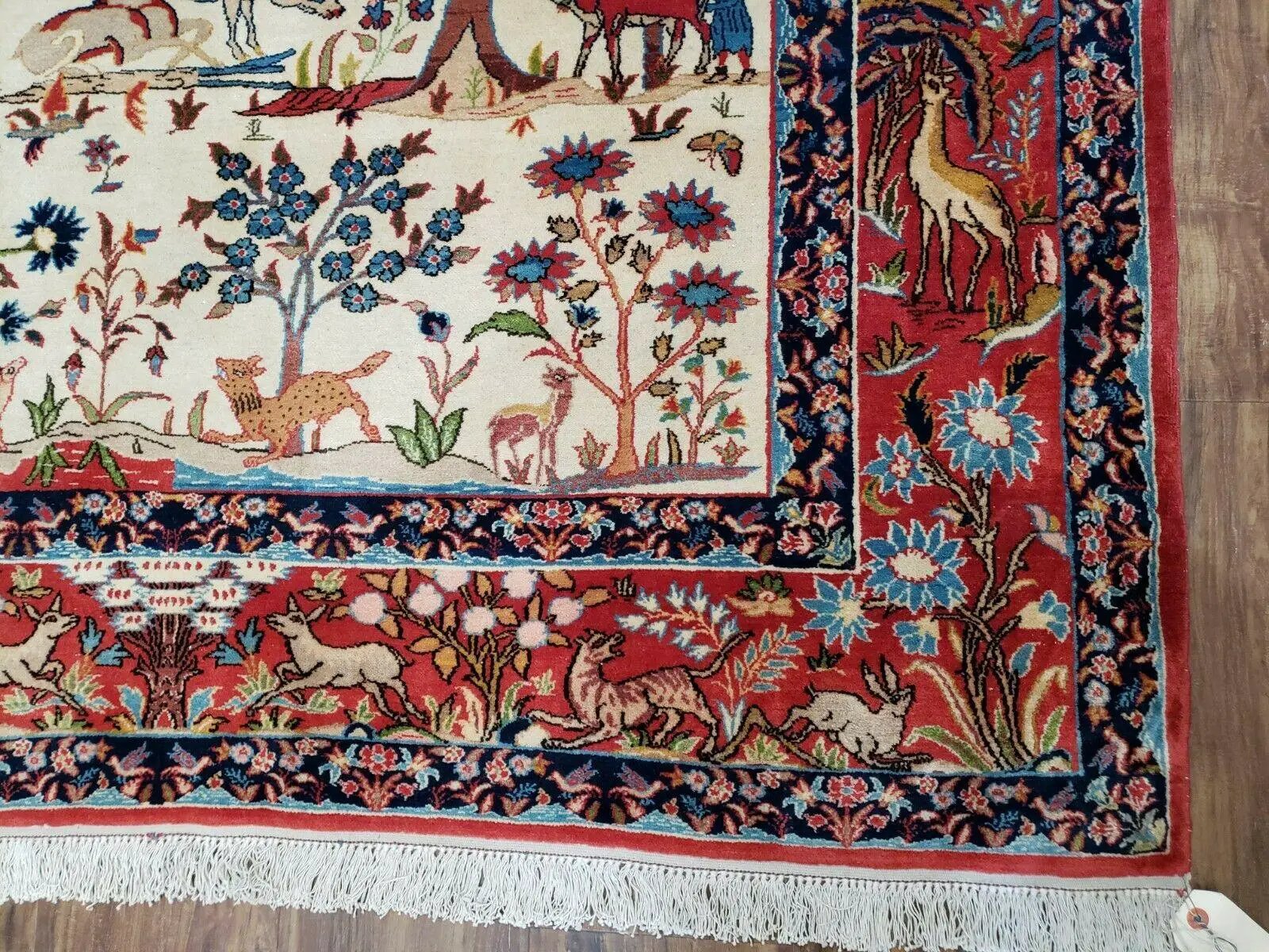 Antique Persian Isfahan Rug 5x7, Animal and Human Pictorials, Hand Knotted Fine Oriental Wool Carpet, Cream and Red, High KPSI, Vintage Rug 5 x 7 ft by Jewel Rugs