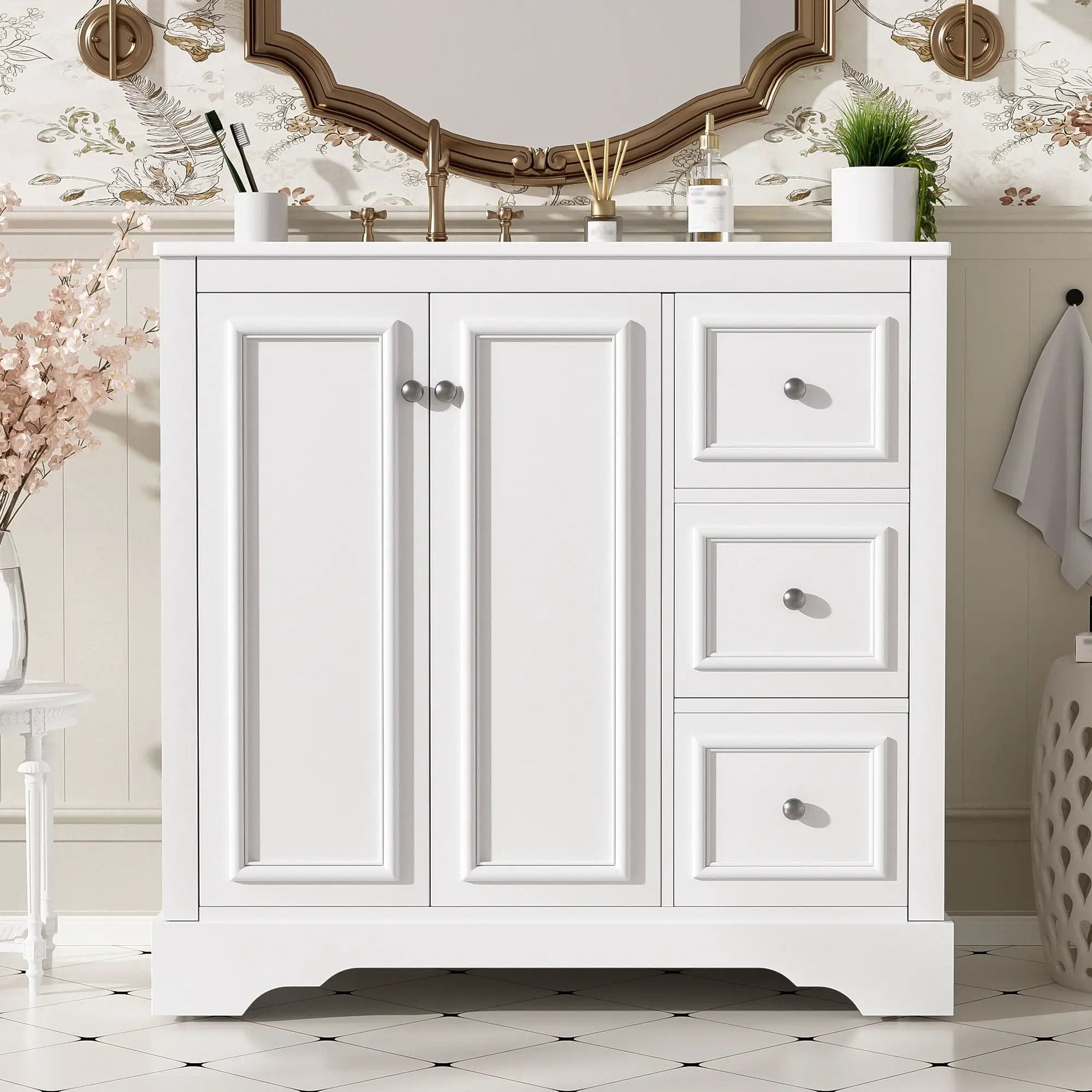 Bathroom Vanity With Sink, Soft-Close Doors, Adjustable U-Shelf, 3 Drawers by Unique Piece Furniture