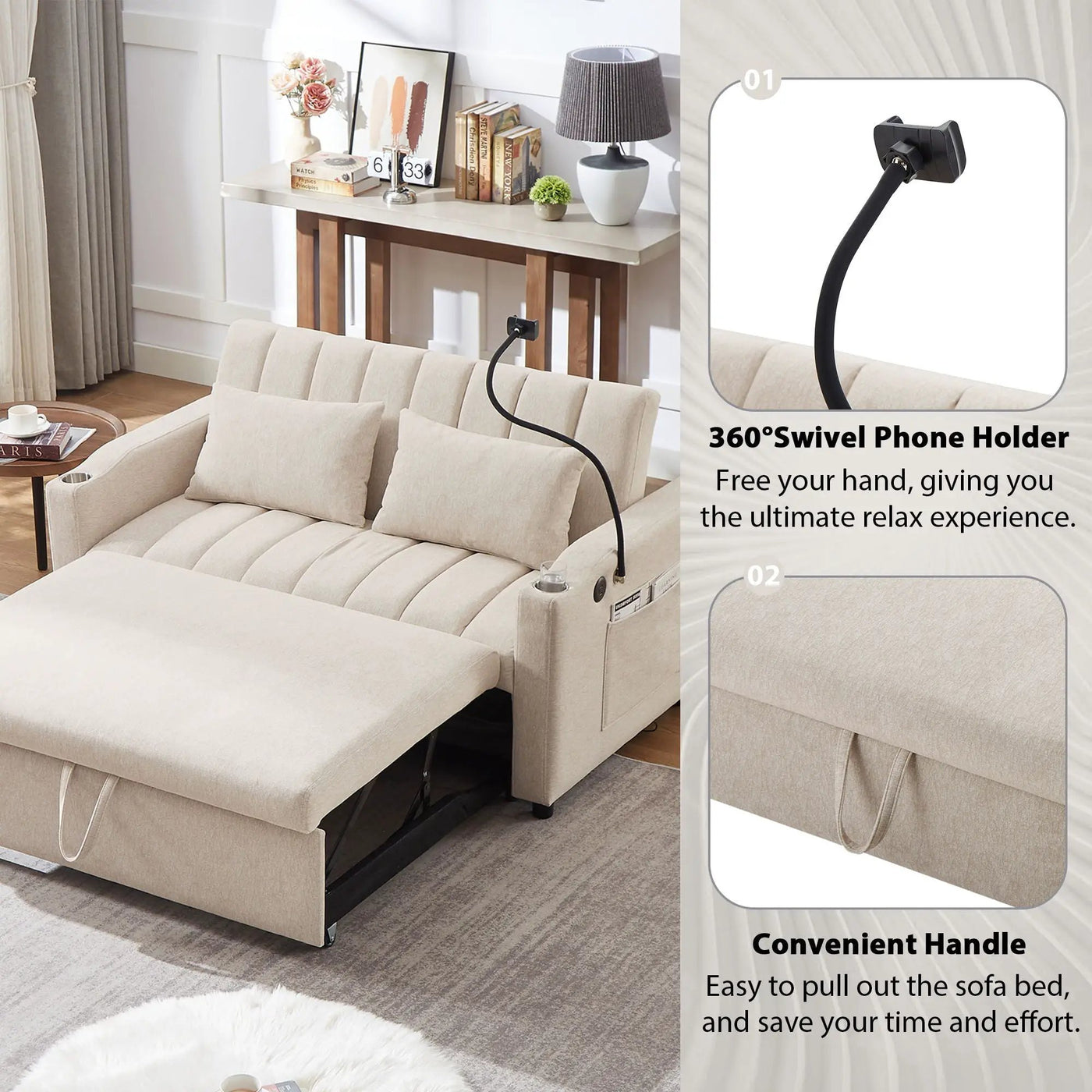 Convertible Sofa Bed Loveseat Sofa With Three USB Ports, Two Side Pockets, Two Cup Holders And 360° swivel Phone Holder For Living Room by HouseOfZazla