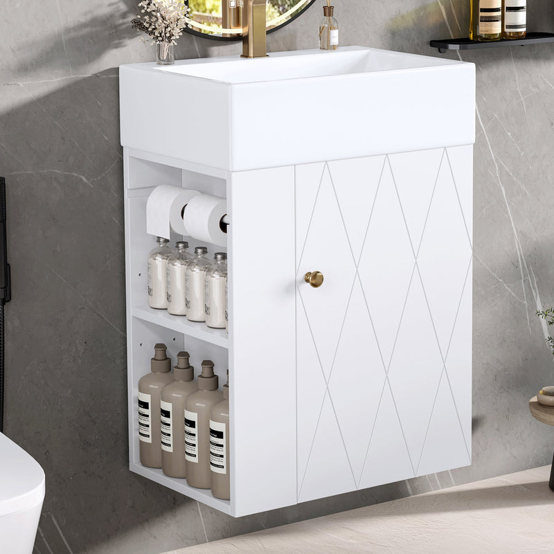 20 Inch Bathroom Vanity with Ceramic Sink, Diamond Pattern Door Design by HouseOfZazla