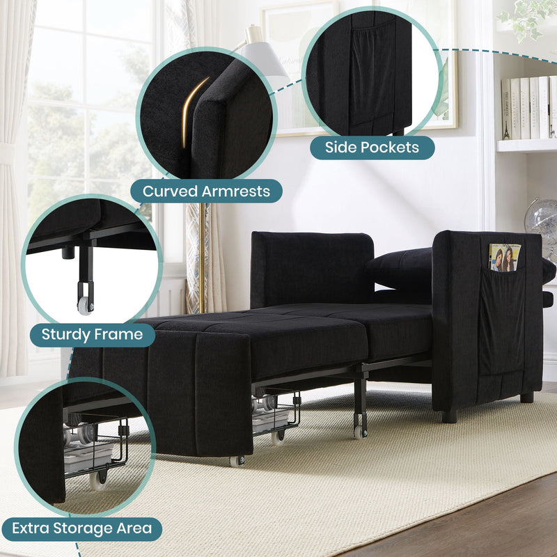 Upholstered Convertible Sleeper Sofa With 5 Position Backrest, Side Pockets, Storage