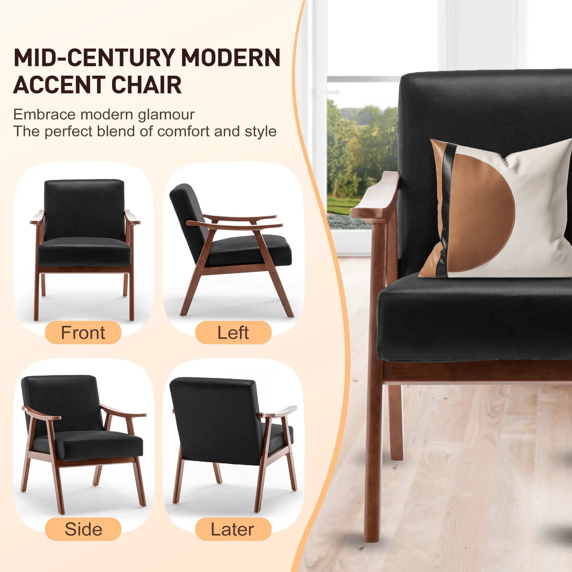 Mid Century Modern Accent Chair With Solid Wood Frame And Extra Thick Backrest by Unique Piece Furniture