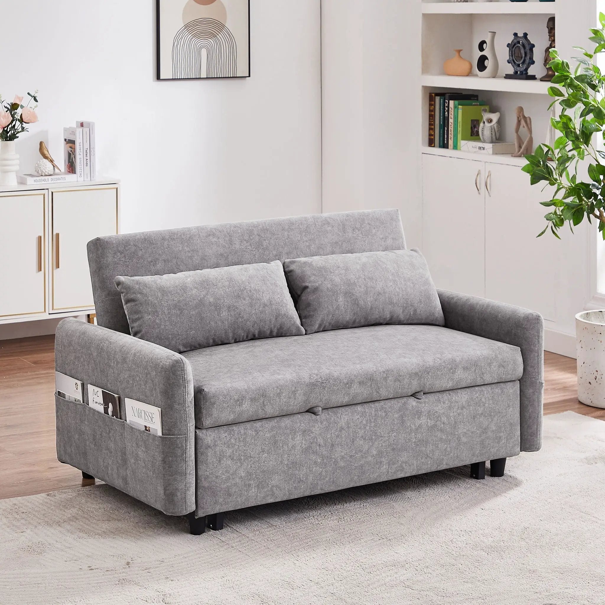 Pull Out Sleep Sofa Bed Loveseats Sofa Couch With Adjsutable Backrest, Storage Pockets, 2 Soft Pillows, USB Ports For Living Room, Bedroom, Apartment, Office by HouseOfZazla