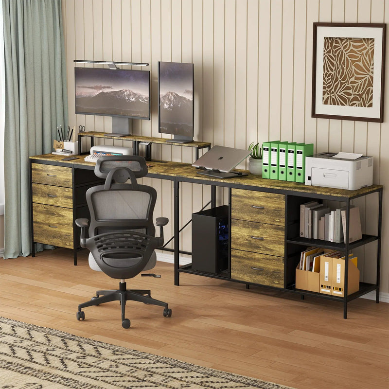 Industrial L Shaped Desk With Power Hub With 6 Drawers And Adjustable Monitor Stands - Brown by Unique Piece Furniture