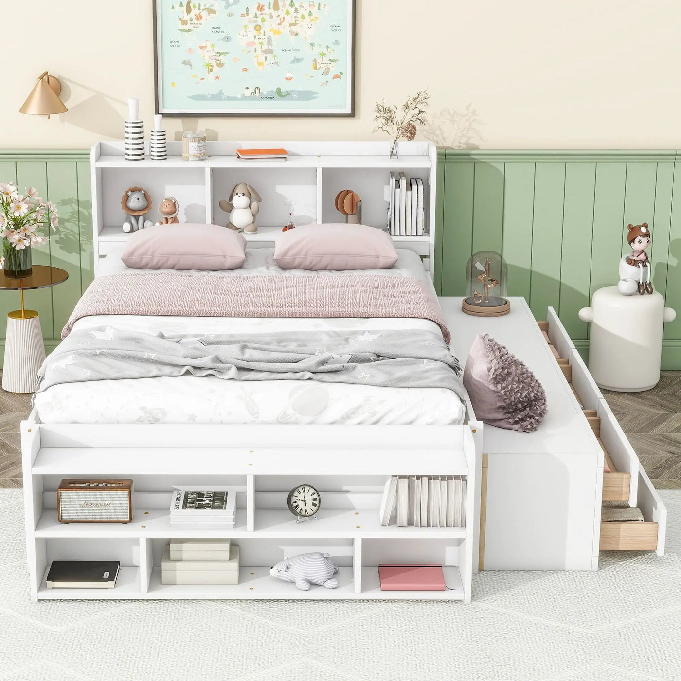 Bed With Bookcase Headboard, Under Bed Storage Drawers And Bed End Storage Case by Unique Piece Furniture