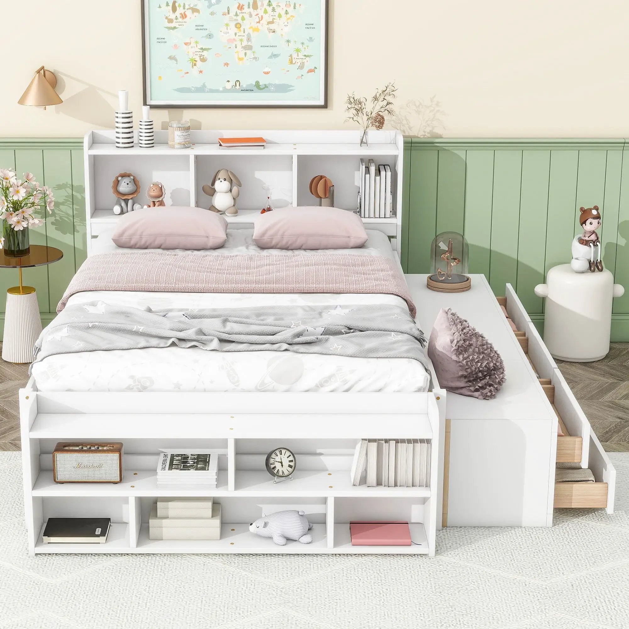 Bed With Bookcase Headboard, Under Bed Storage Drawers And Bed End Storage Case by Unique Piece Furniture