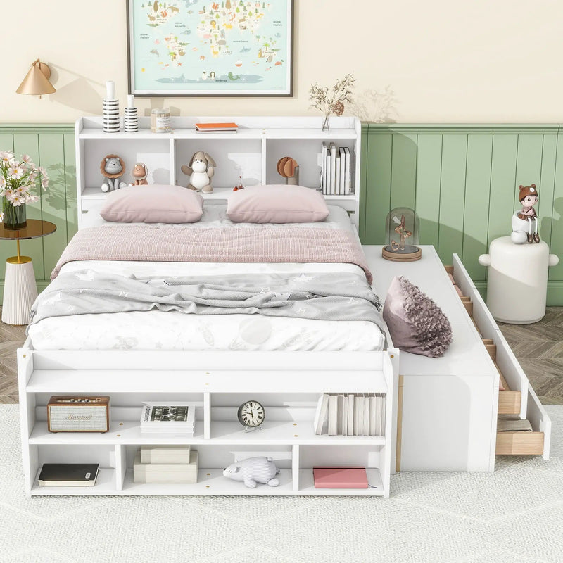 Bed With Bookcase Headboard, Under Bed Storage Drawers And Bed End Storage Case by Unique Piece Furniture