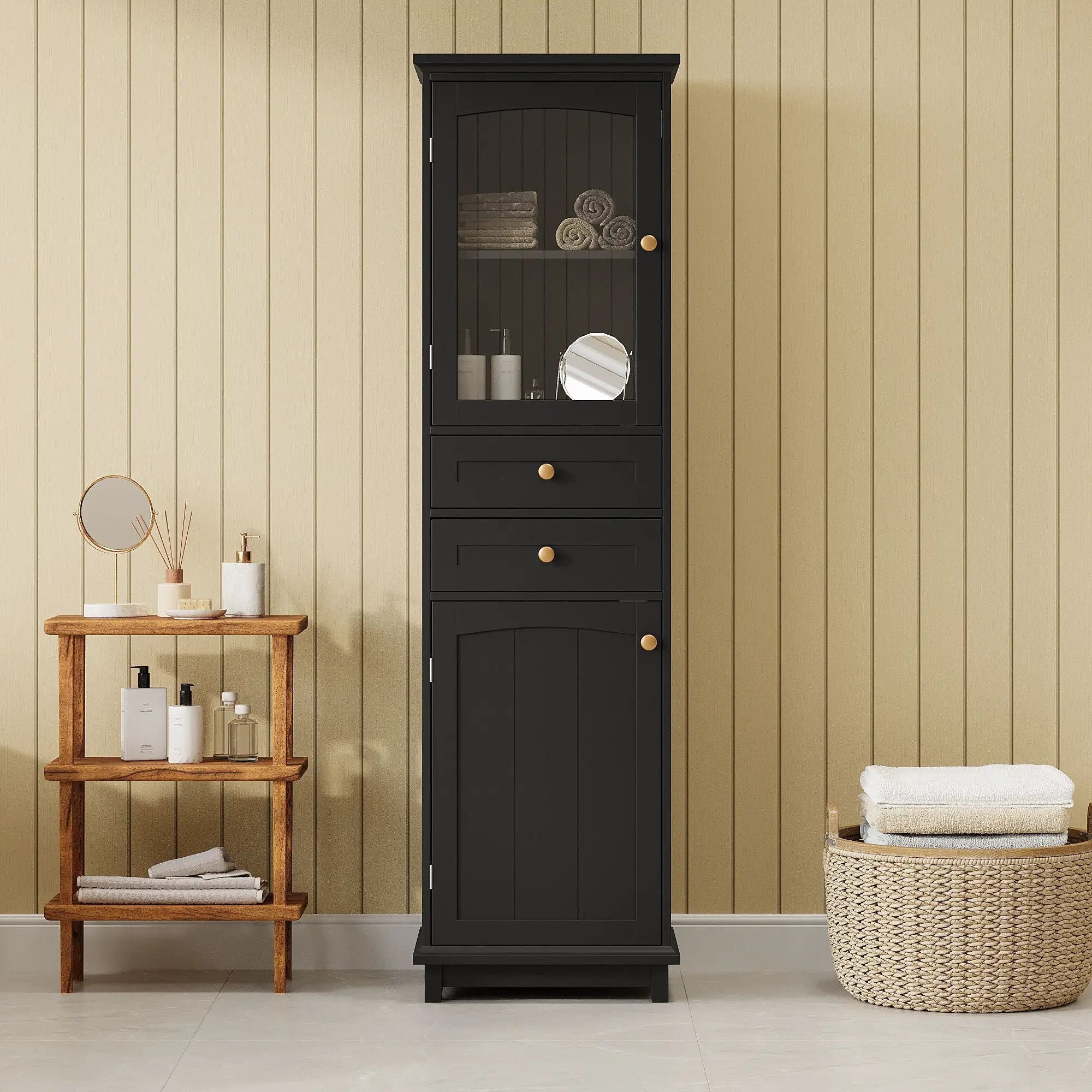 Tall Bathroom Storage Cabinet With Glass Doors, Free-Standing, Two Drawers, And Adjustable Shelves, Board, Painted Perfect For Displaying Your Favorite Items by Unique Piece Furniture