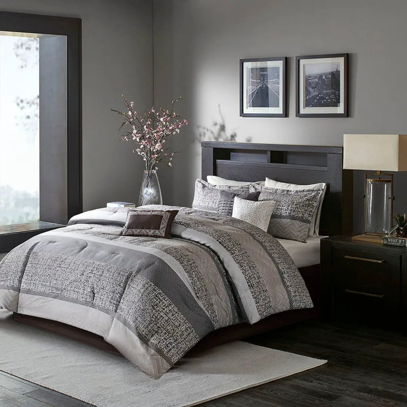 7 Piece Jacquard Comforter Set Grey/Taupe Queen by HouseOfZazla