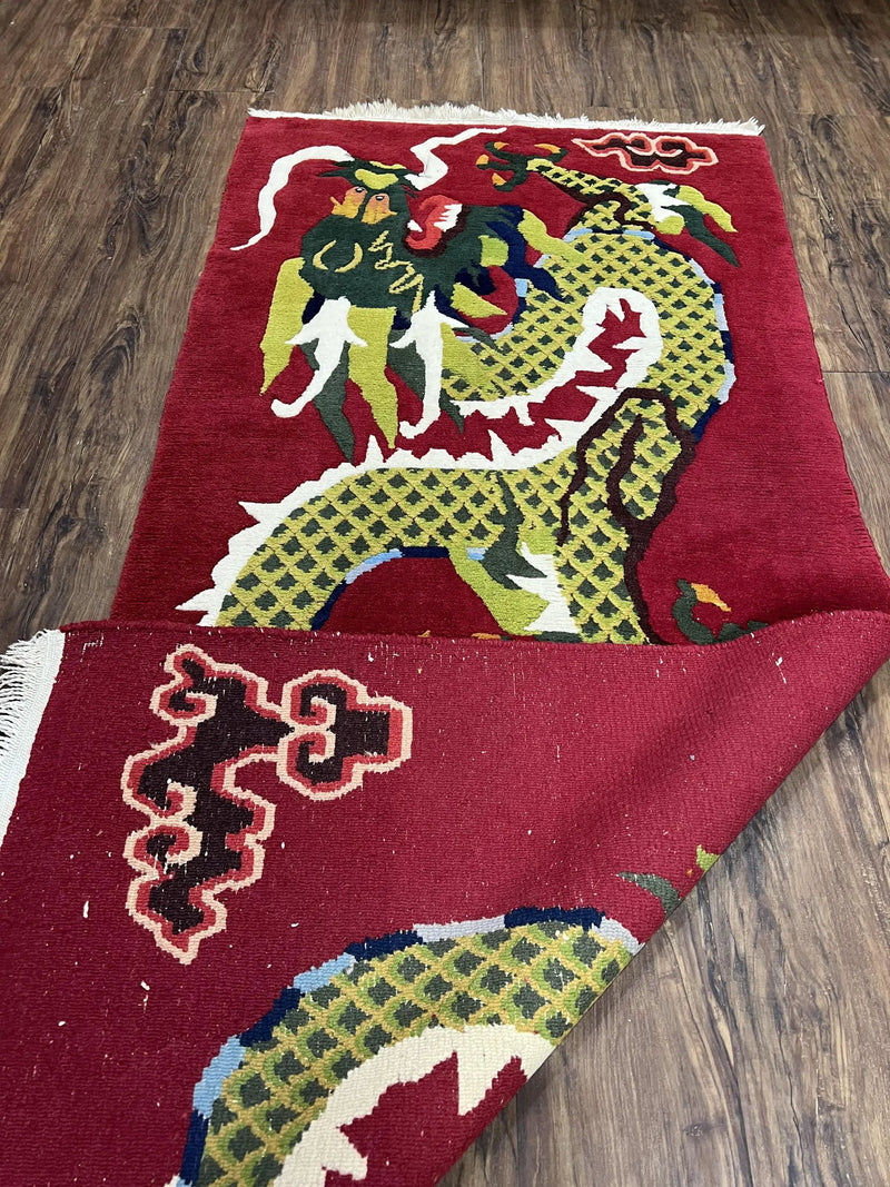 Vintage Chinese Dragon Rug 3 x 6.8, Handmade Hand Knotted Red Chinese Carpet with Gold Dragon, Art Deco Peking Soft Chinese Rug Runner by Jewel Rugs