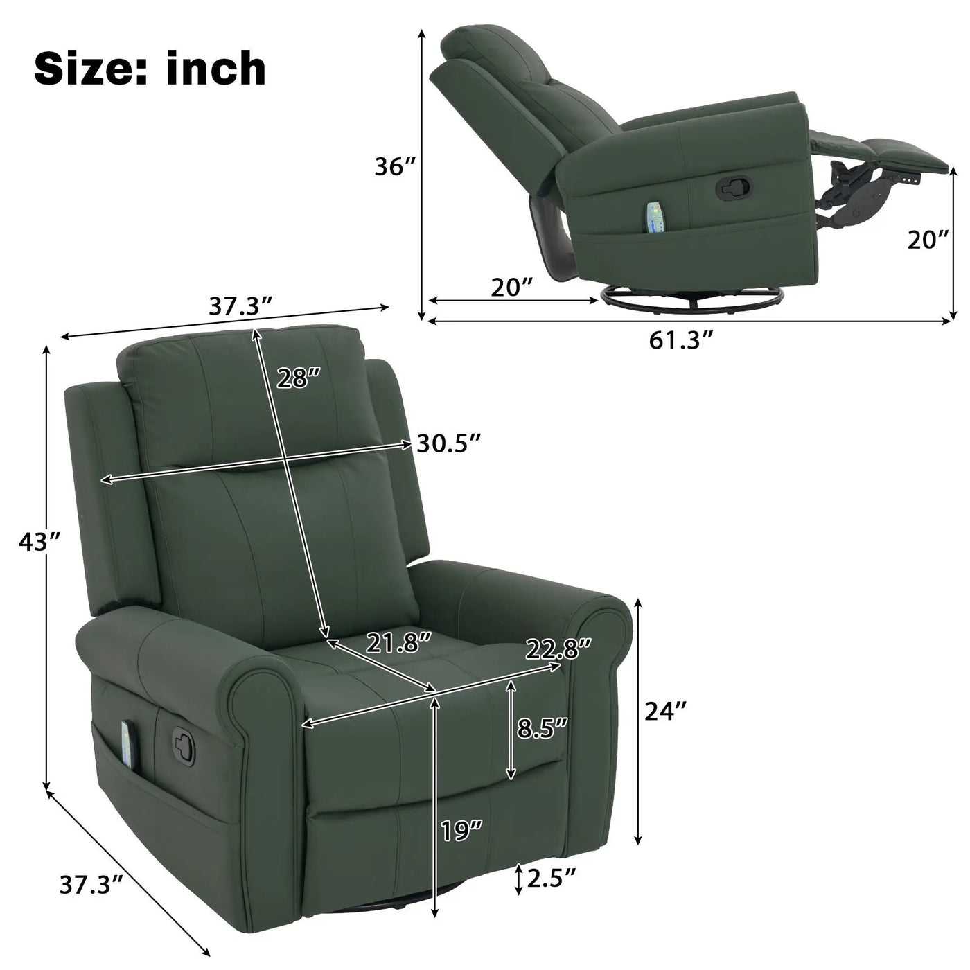 Manual Recliner Chair With 270 Degree Swivel, Massage & Heating, Dual Reclining Positions by Unique Piece Furniture