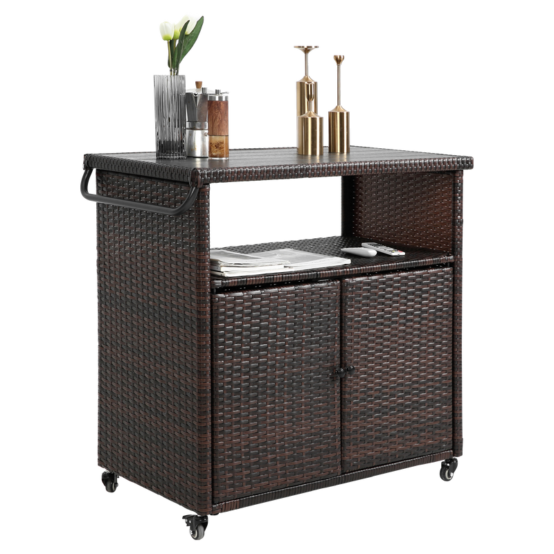 Outdoor Wicker Bar Cart with Glass Top and Wheels - Light Brown by HouseOfZazla
