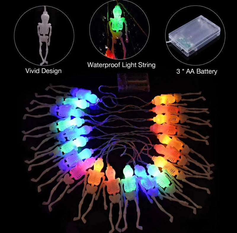 10Ft Solar Powered Skeleton Lights Halloween String Lights -20LEDs 2 Lighting Modes by Outdoor Solar Outlet