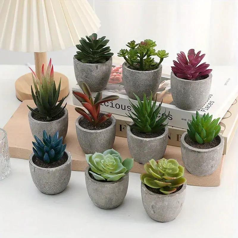 10pcs Mini Artificial Succulent Set - Modern Plastic Faux Plants in Gray Concrete Pots for Home Decor, Garden, Fish Tank, and Bonsai Decoration by House Of Avana