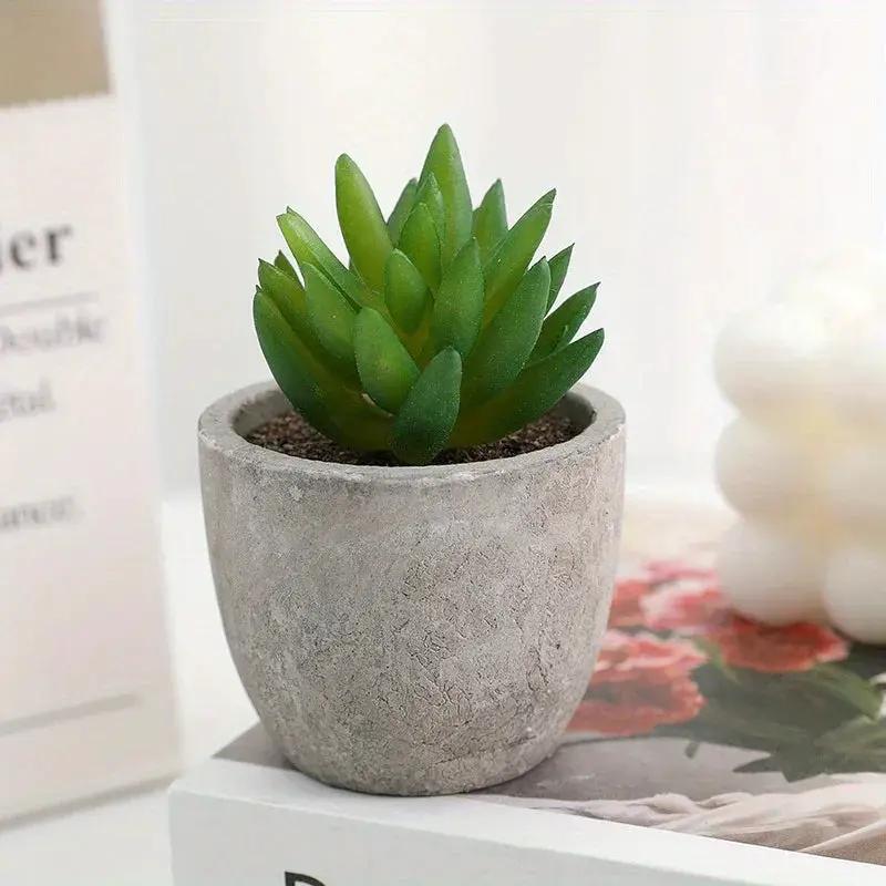 10pcs Mini Artificial Succulent Set - Modern Plastic Faux Plants in Gray Concrete Pots for Home Decor, Garden, Fish Tank, and Bonsai Decoration by House Of Avana