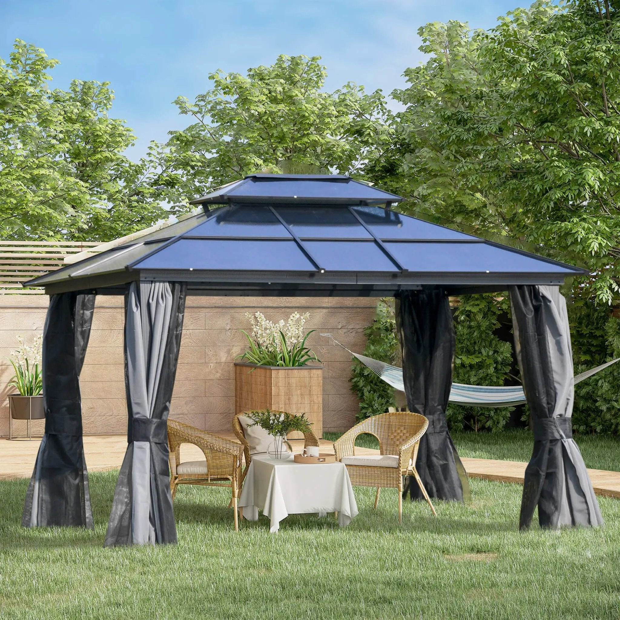 [10X12FT] Alora Hardtop Gazebo Canopy With Polycarbonate Double Roof, Netting, And Curtains (SAK15672) by SAKSBY WHOLESALE