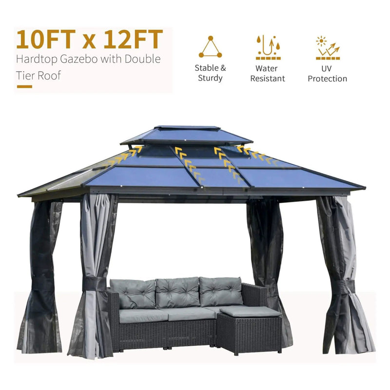 [10X12FT] Alora Hardtop Gazebo Canopy With Polycarbonate Double Roof, Netting, And Curtains (SAK15672) by SAKSBY WHOLESALE