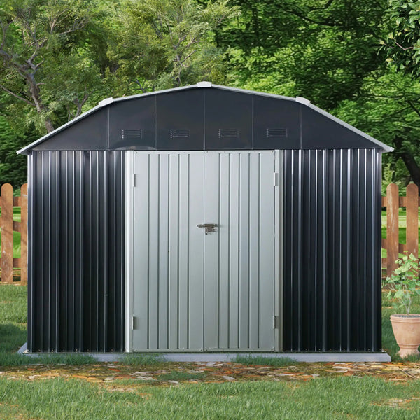 [10X12FT] Heavy-Duty Outdoor Metal Garden Backyard Shed With Arch Roof And Lockable Doors (SAK57431)