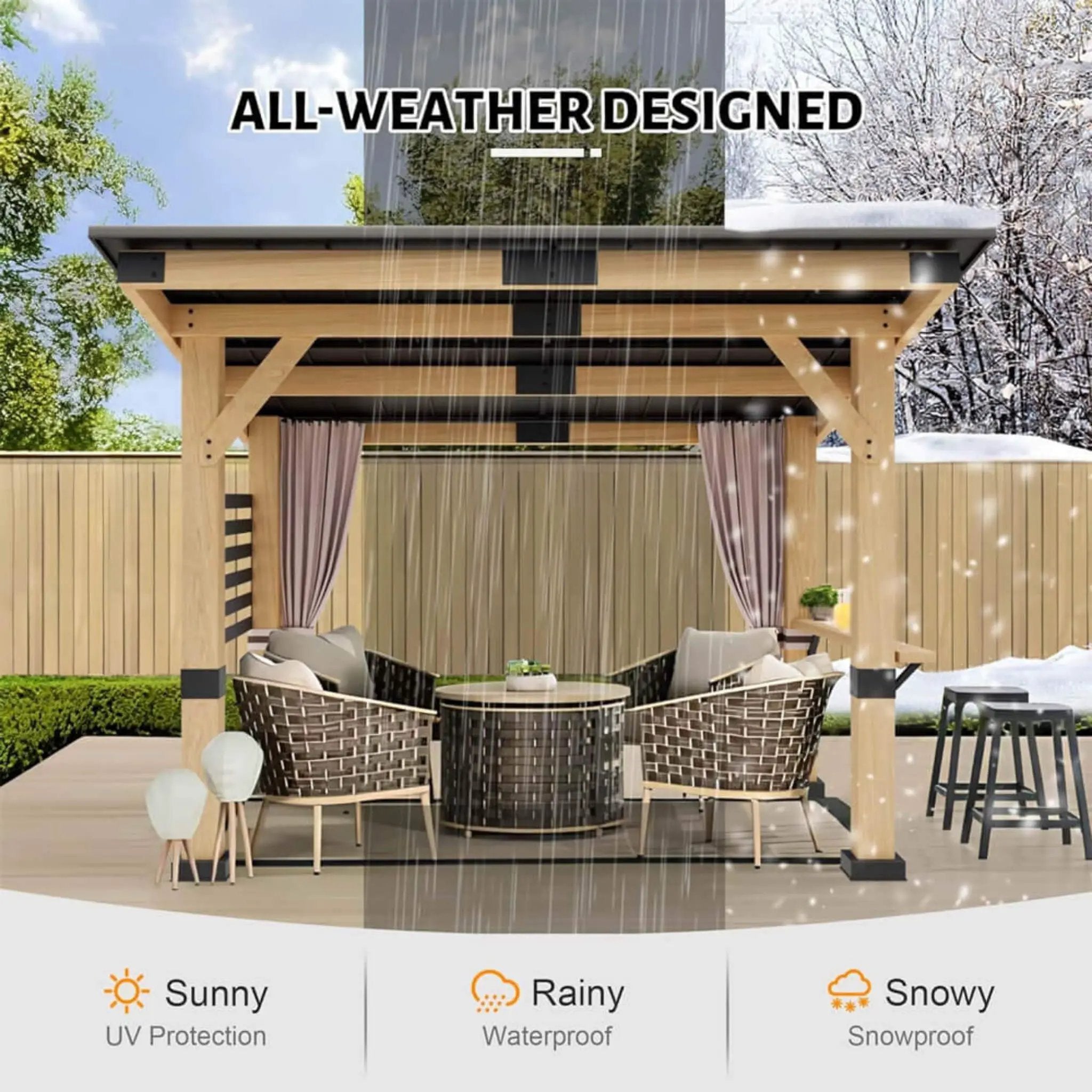 [10X12FT] Alora Heavy-Duty Premium Outdoor All-Season Wooden Cedar Hardtop Gazebo With Metal Roof & Back Curtains (SAK57184) by SAKSBY WHOLESALE
