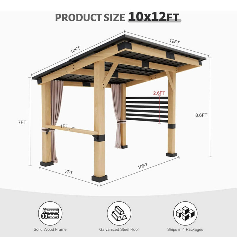 [10X12FT] Alora Heavy-Duty Premium Outdoor All-Season Wooden Cedar Hardtop Gazebo With Metal Roof & Back Curtains (SAK57184) by SAKSBY WHOLESALE