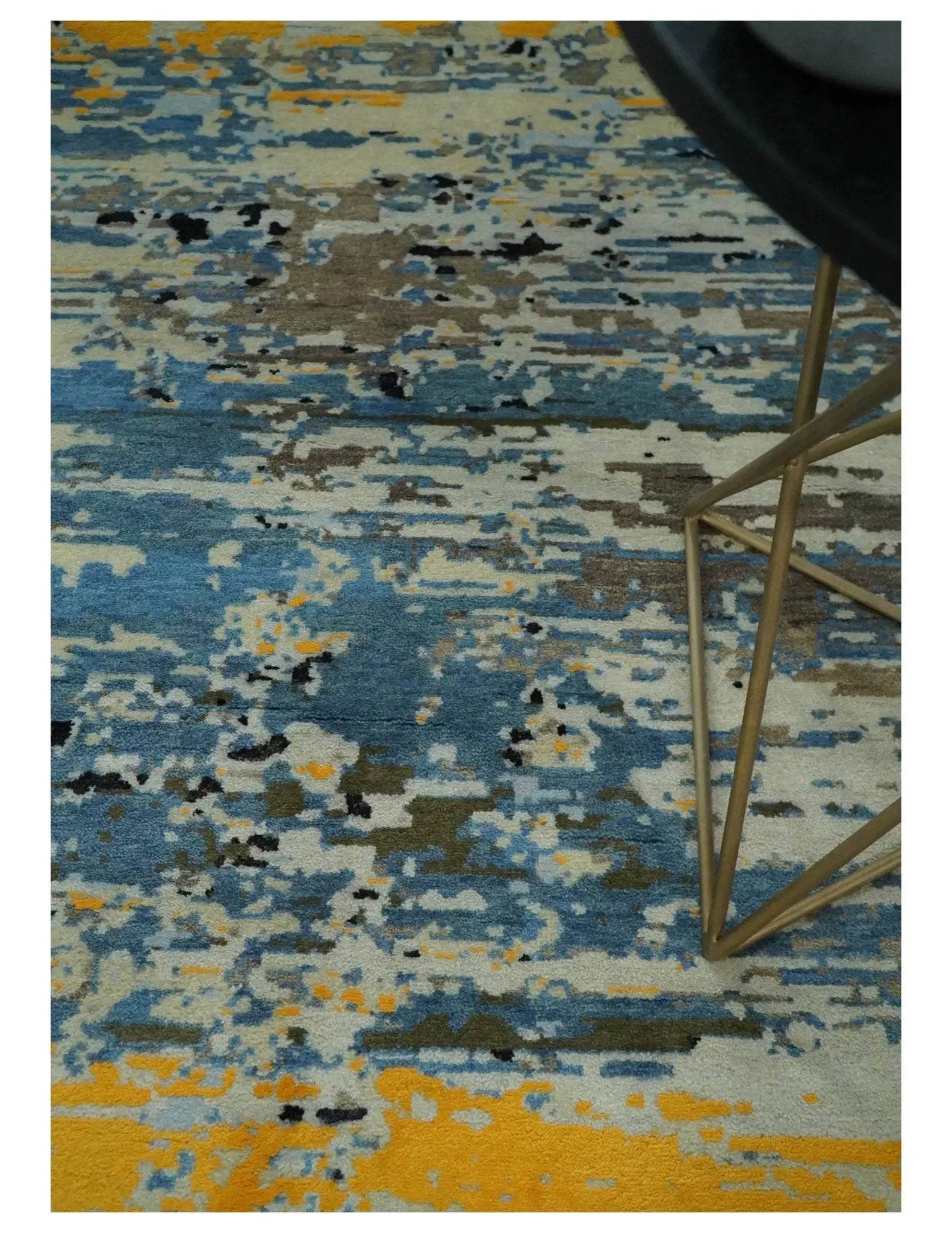 10x14 Fine Hand Knotted Blue and Black Modern Abstract Style Wool and Silk Area Rug by The Rug Decor