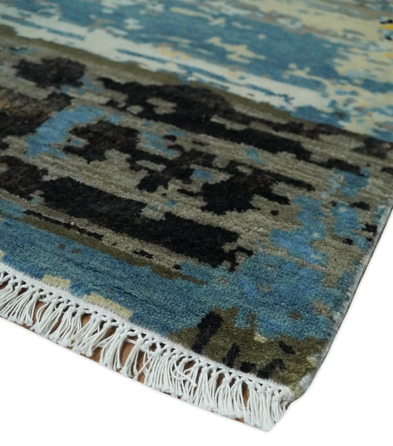 10x14 Fine Hand Knotted Blue and Black Modern Abstract Style Wool and Silk Area Rug by The Rug Decor