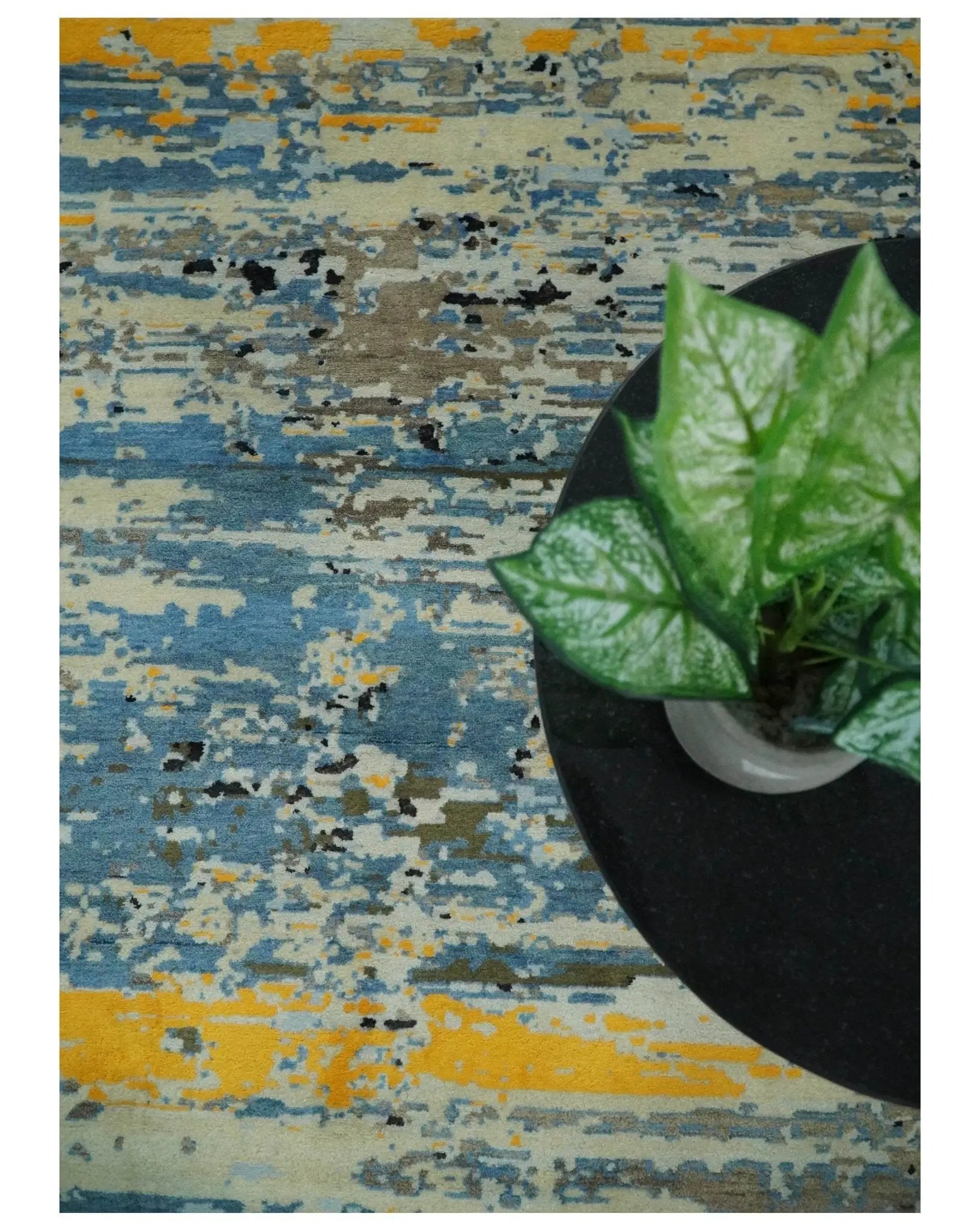 10x14 Fine Hand Knotted Blue and Black Modern Abstract Style Wool and Silk Area Rug by The Rug Decor