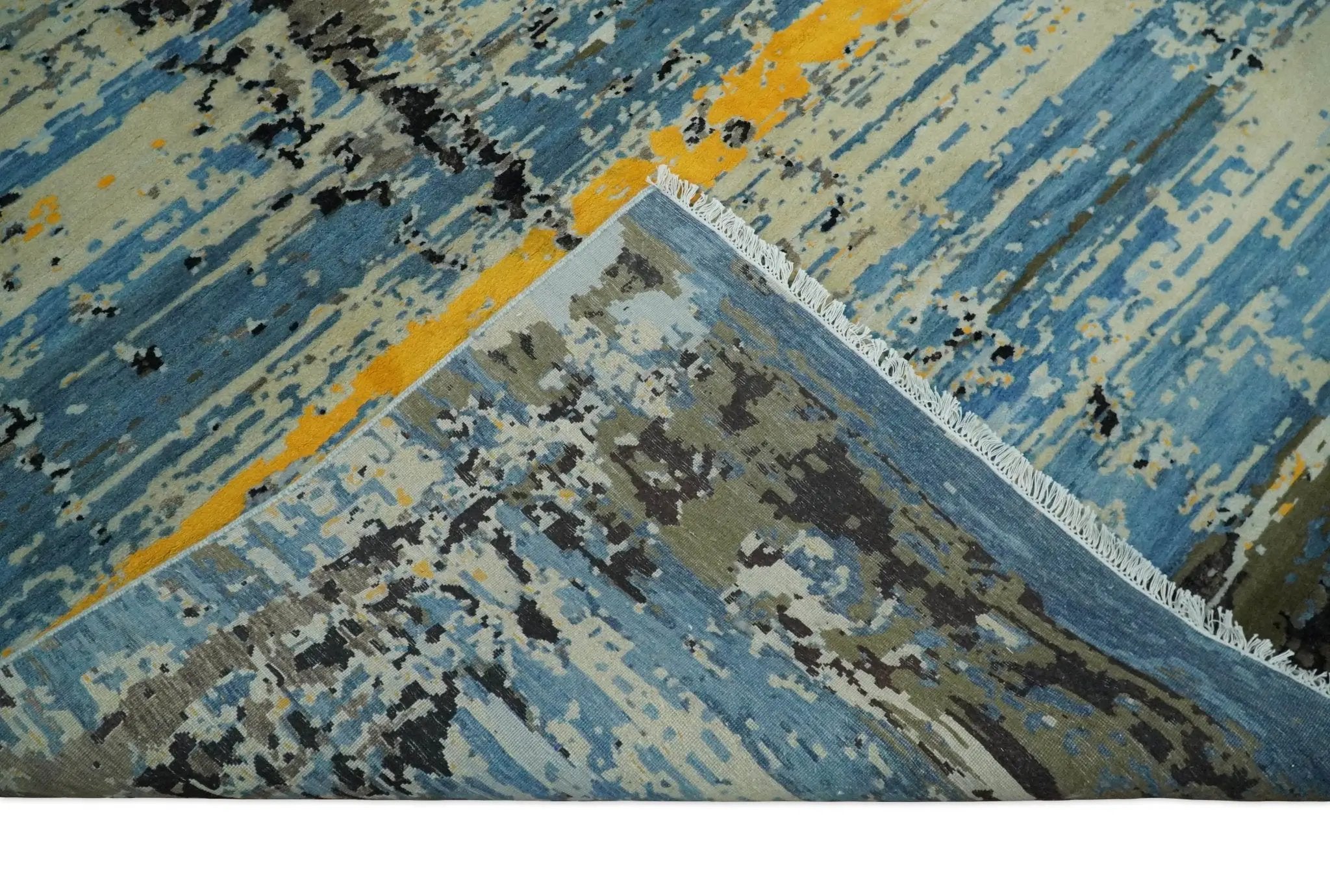 10x14 Fine Hand Knotted Blue and Black Modern Abstract Style Wool and Silk Area Rug by The Rug Decor