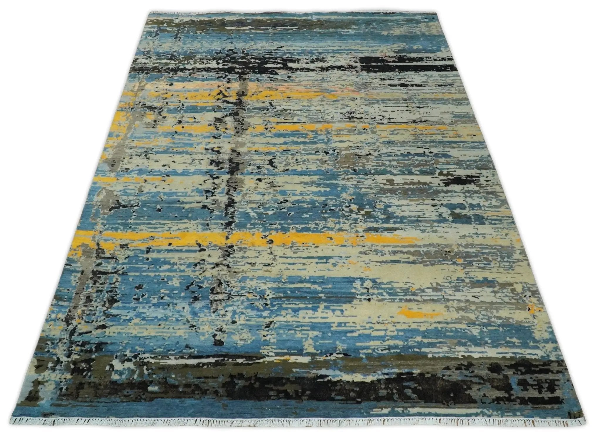 10x14 Fine Hand Knotted Blue and Black Modern Abstract Style Wool and Silk Area Rug by The Rug Decor