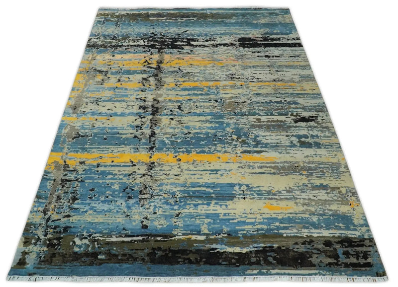 10x14 Fine Hand Knotted Blue and Black Modern Abstract Style Wool and Silk Area Rug by The Rug Decor