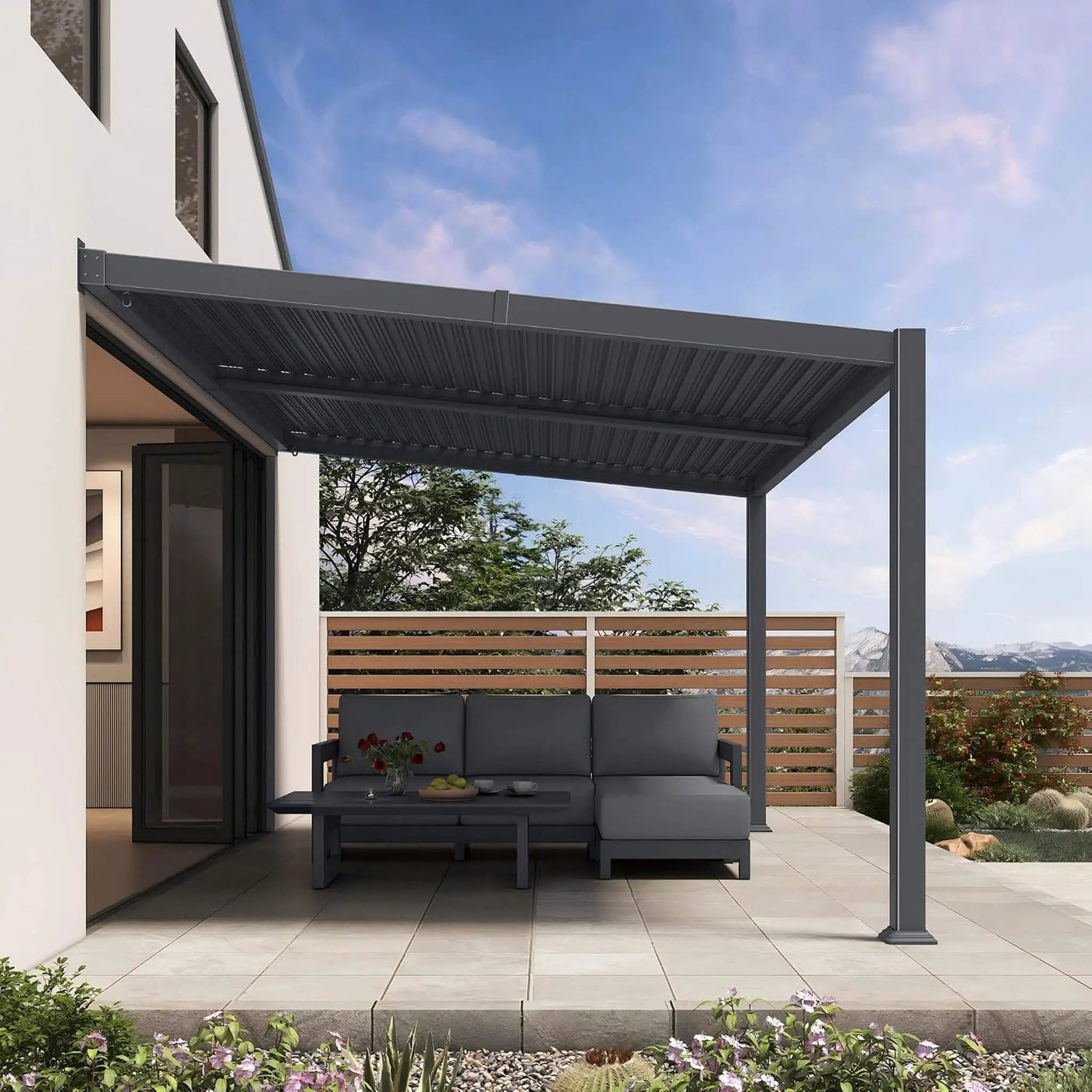 [10X14FT] Modern Wall-Mounted Louvered Pergola With Aluminum Frame (SAK30048) by SAKSBY WHOLESALE