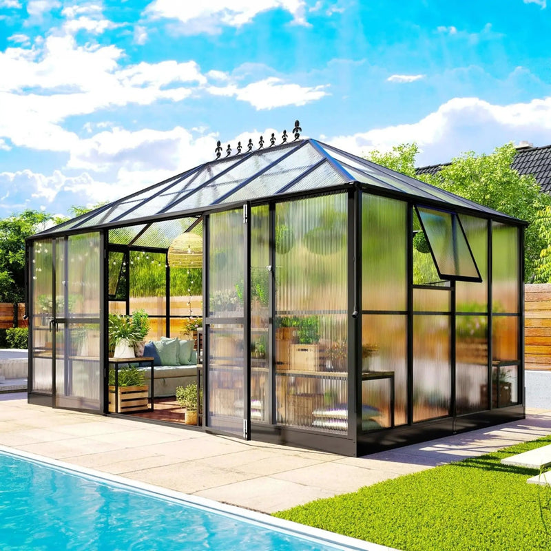 [10X14FT] Premium Outdoor Polycarbonate Greenhouse With Aluminum Frame And Double Swing Doors (SAK23168) by SAKSBY WHOLESALE