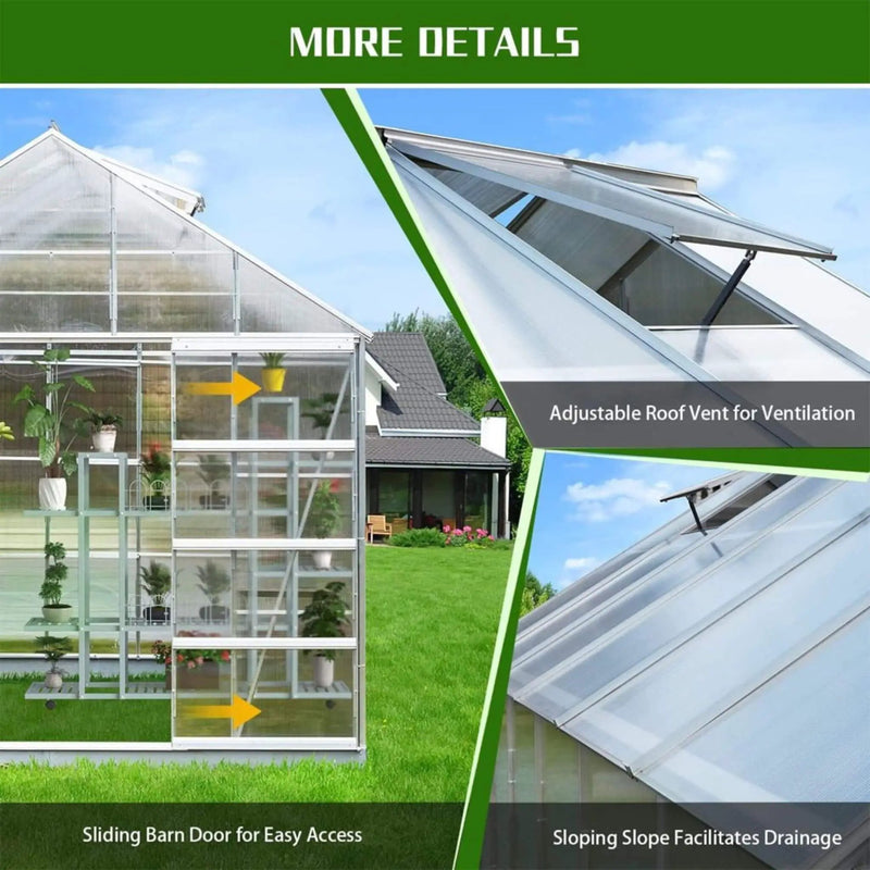 [10X16FT] Extra Large Heavy-Duty Backyard Polycarbonate Aluminum Greenhouse With Sliding Doors And Vents (SAK97526) by SAKSBY WHOLESALE
