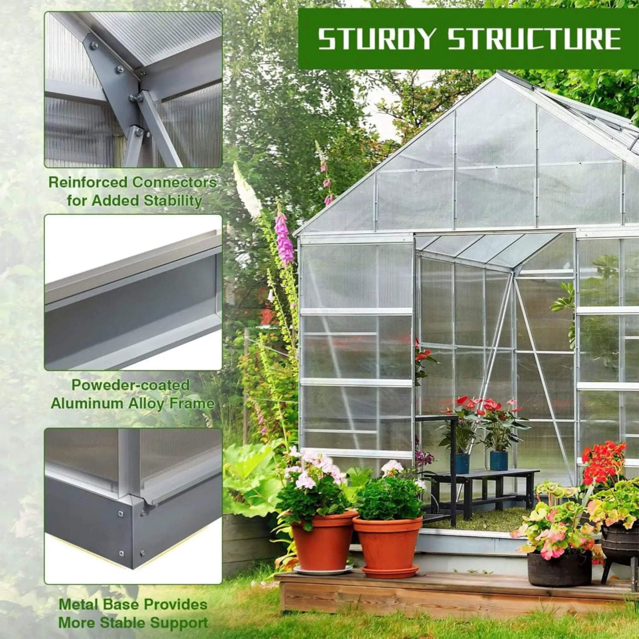 [10X16FT] Extra Large Heavy-Duty Backyard Polycarbonate Aluminum Greenhouse With Sliding Doors And Vents (SAK97526) by SAKSBY WHOLESALE